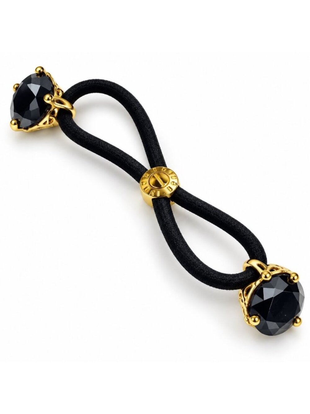 Henri Bendel Black Crystal Double Stone Hair Tie Bolo Ponytail Holder Gold-Tone